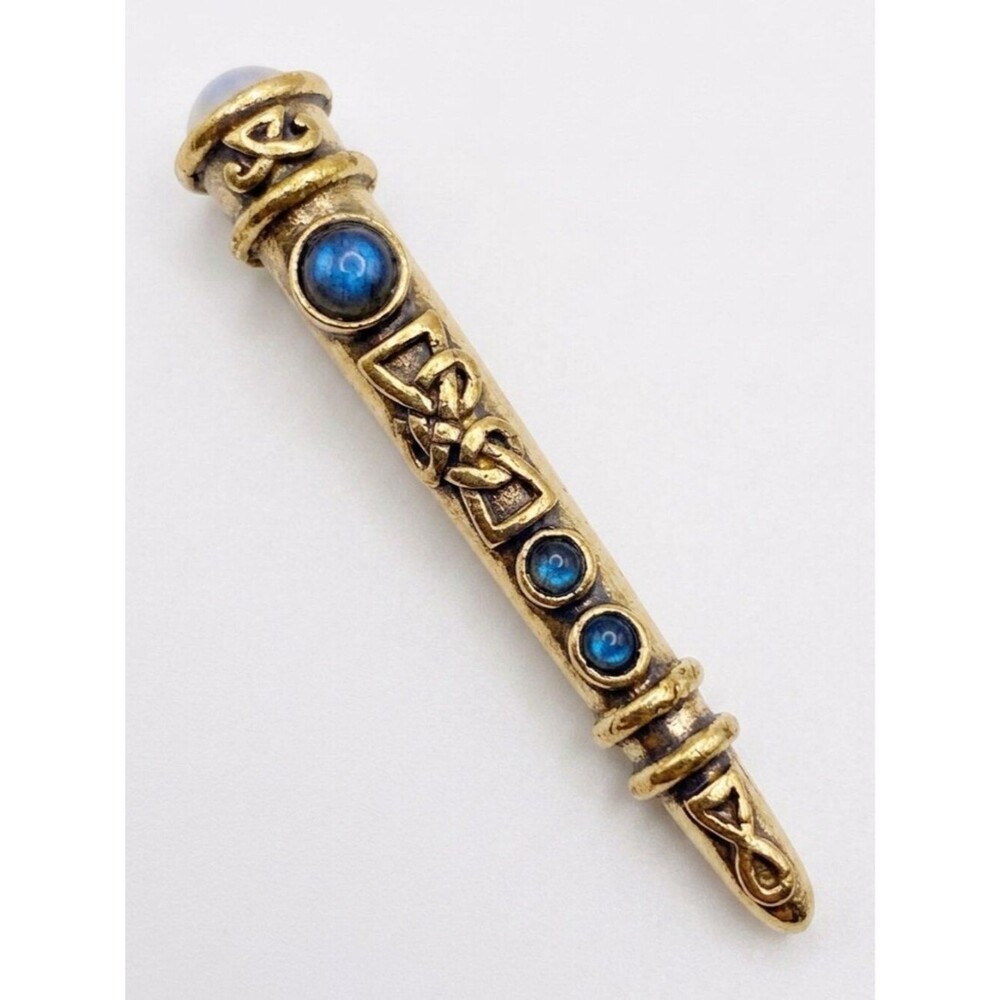 Miracle Celtic Scepter Kilt Pin Brooch Faux Opal Blue Glass Vintage Signed